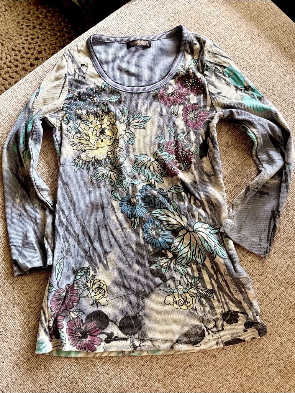 Y2K Vanilla Sugar Gem Studded Foral Tie Dye 3-4 Sleeve Top PM